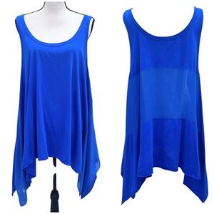 DKNY SLEEVELESS ROYAL BLUE TUNIC COTTON W SILK PANEL TRAPEZE  SHARKBITE HEM